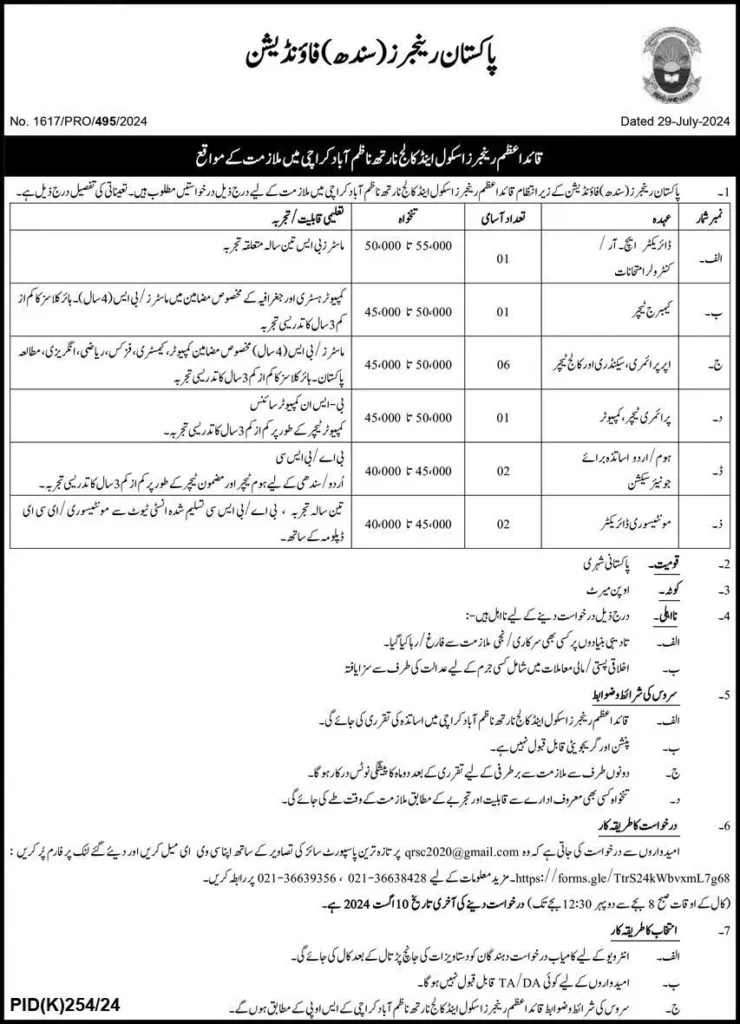 Pakistan Rangers Sindh Foundation Jobs 2024: Apply Now