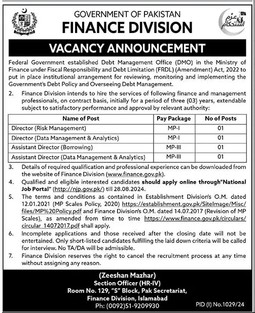 Government of Pakistan Finance Division Jobs Aug 2024 (Management Pay Scales Based)