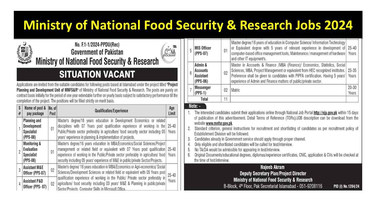 Ministry of National Food Security & Research Jobs 2024