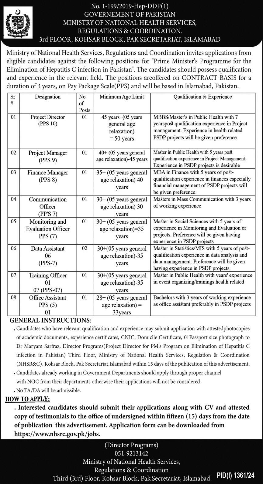 Ministry Of National Health Services Regulations & Coordination NHSRC Jobs 2024