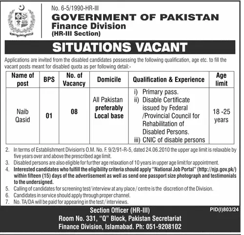 Finance Division Jobs 2024 Naib Qasids (BPS-01) Vacancies