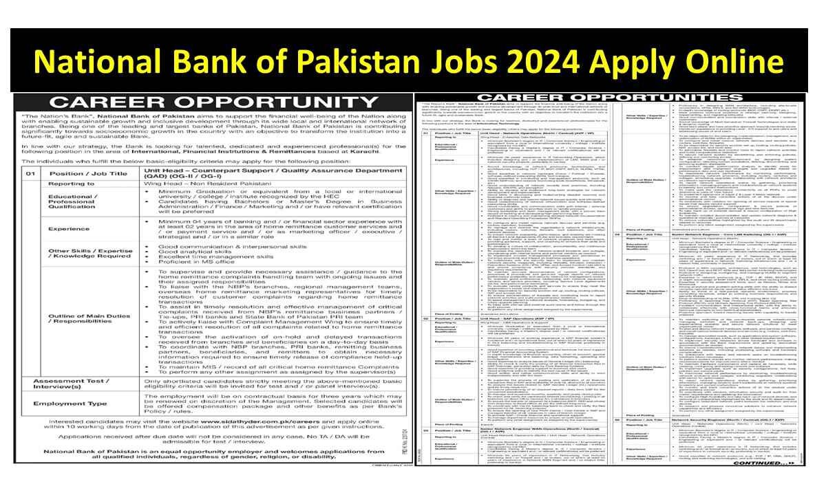 National Bank of Pakistan Jobs 2024