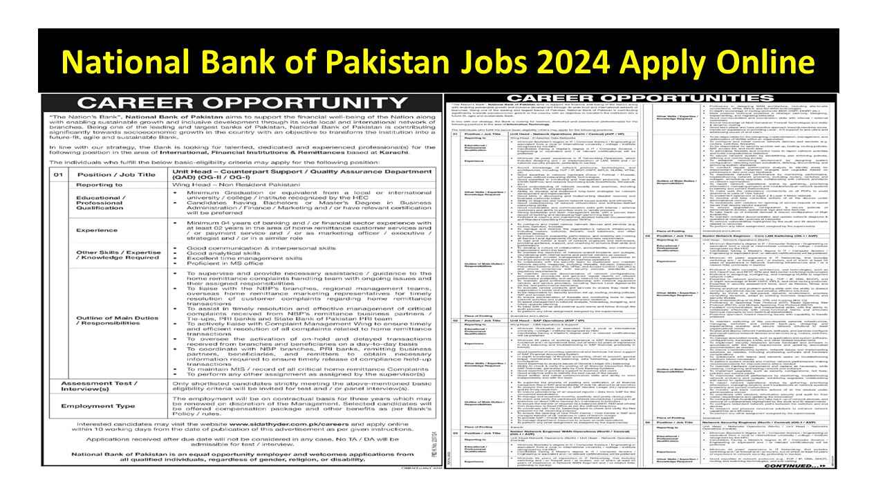 National Bank of Pakistan Jobs 2024