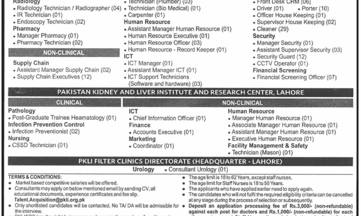 Pakistan Kidney And Liver Institute And Research Center PKLI Jobs 2024 Pakistan