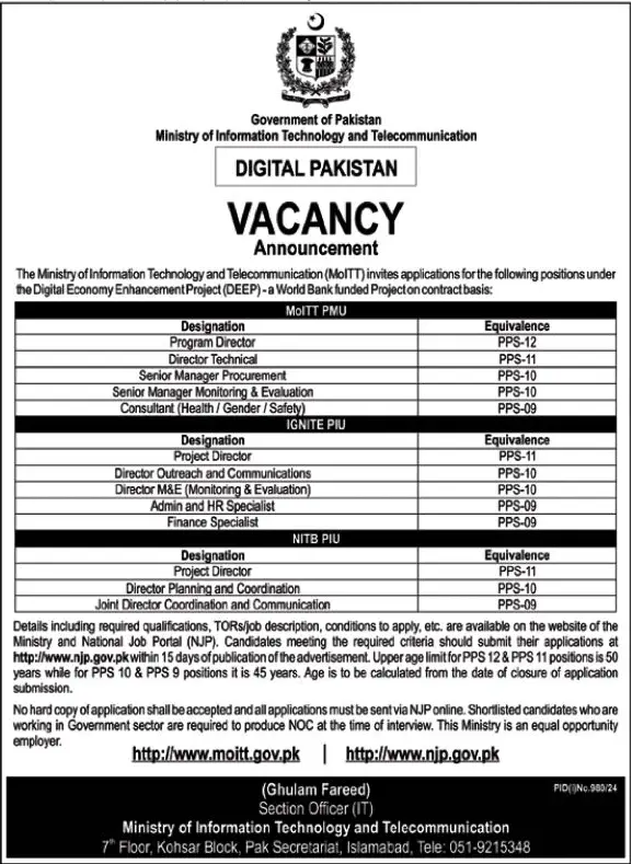 Ministry of IT & Telecom Jobs 2024 For for PPS-09 to PPS-12 Vacancies 