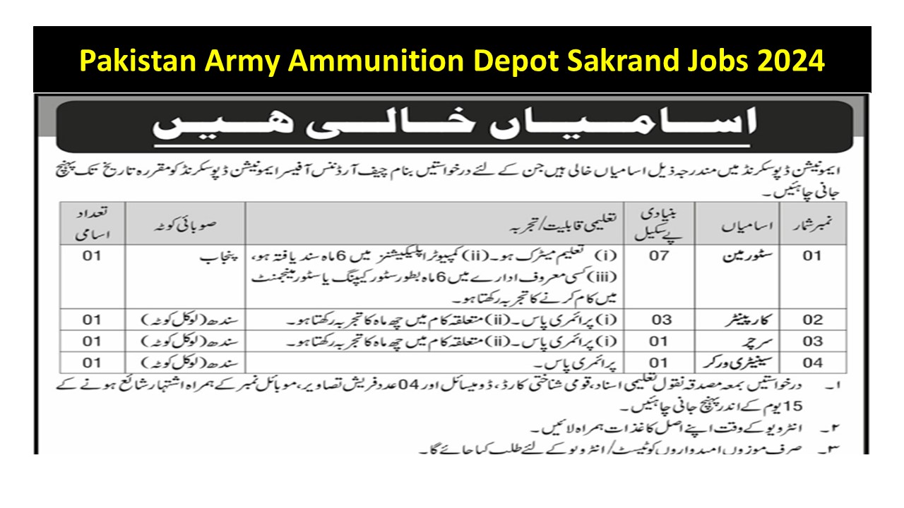 Pakistan Army Ammunition Depot Sakrand Jobs 2024