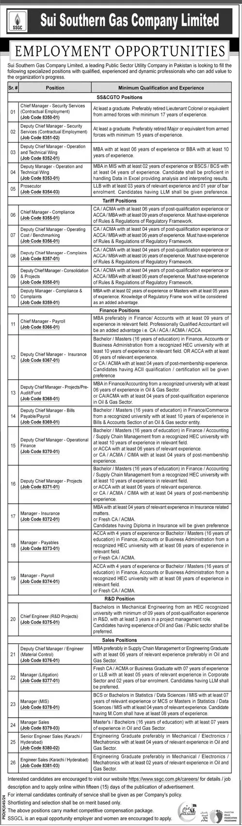 Sui Southern Gas Company Limited (SSGCL) Jobs Announcement August 2024