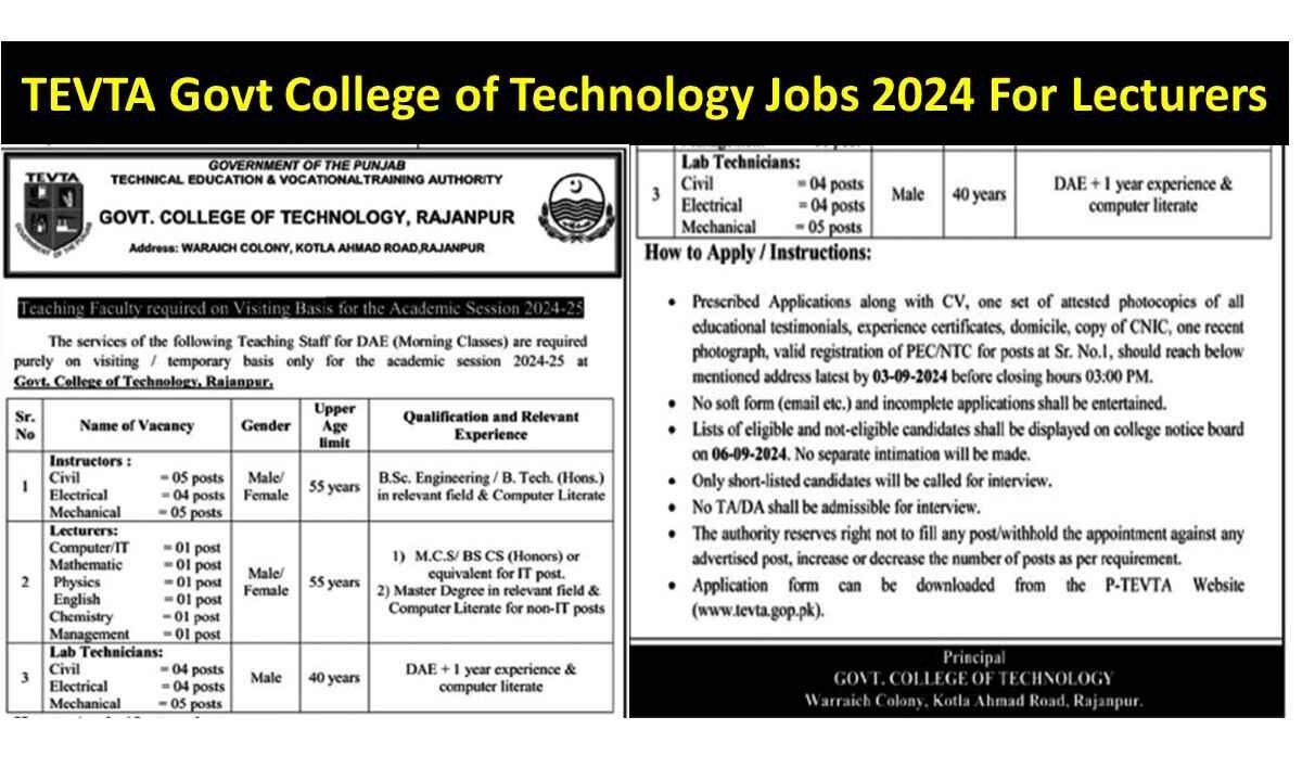 TEVTA Govt College of Technology Jobs 2024 For Lecturers