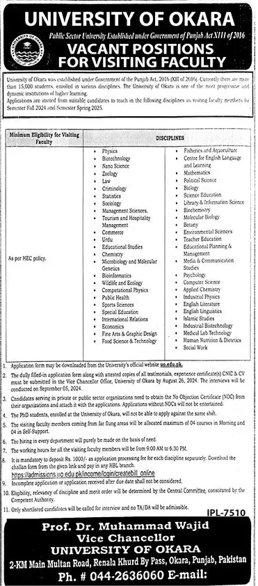 University of Okara Recruitment 2024 - Teaching Cadre Vacancies