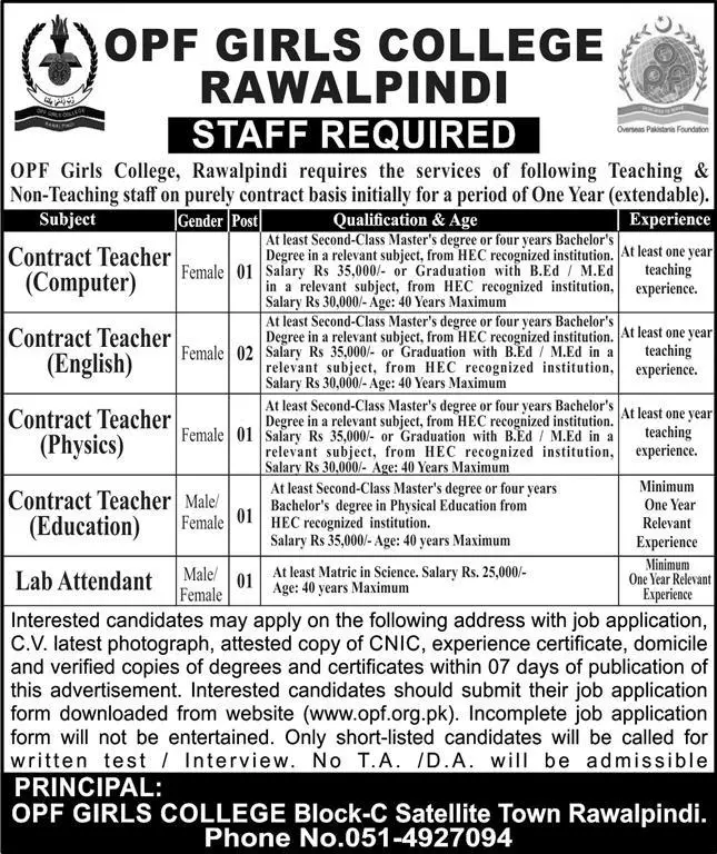 OPF Girls College Rawalpindi Teaching / Non-Teaching Staff Required 2024