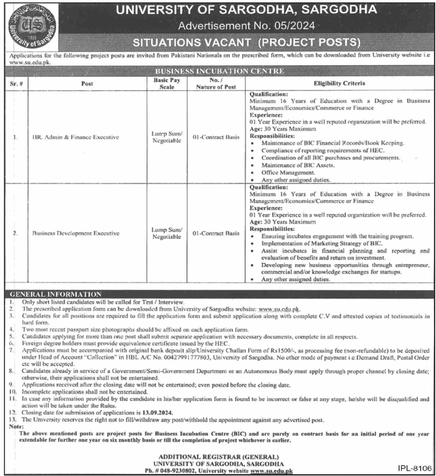 University Of Sargodha UOS Jobs 2024 – Project Posts