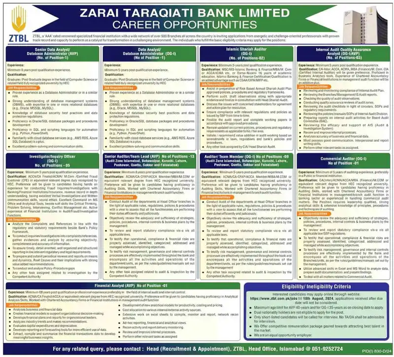 Zarai Taraqiati Bank Limited (ZTBL) Jobs 2024 : Apply Online Now