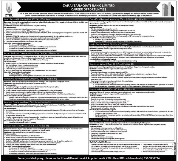 Zarai Taraqiati Bank Limited Jobs 2024