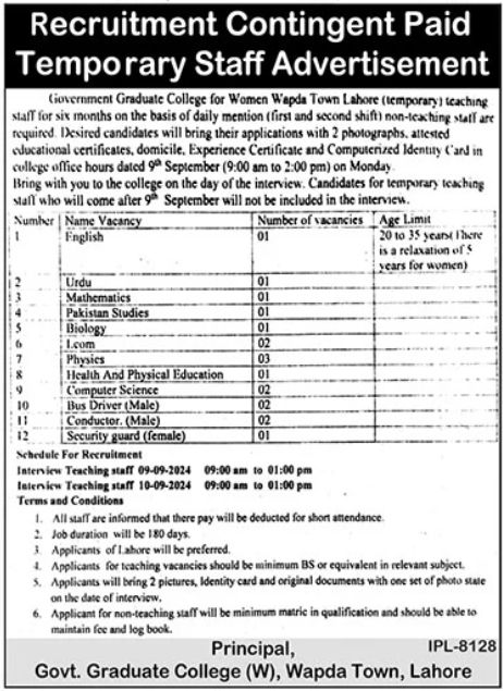 Teaching jobs at Government Graduate College Lahore 2024