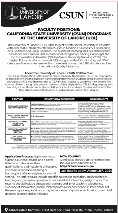 University of Lahore Jobs 2024 - Apply Online Now