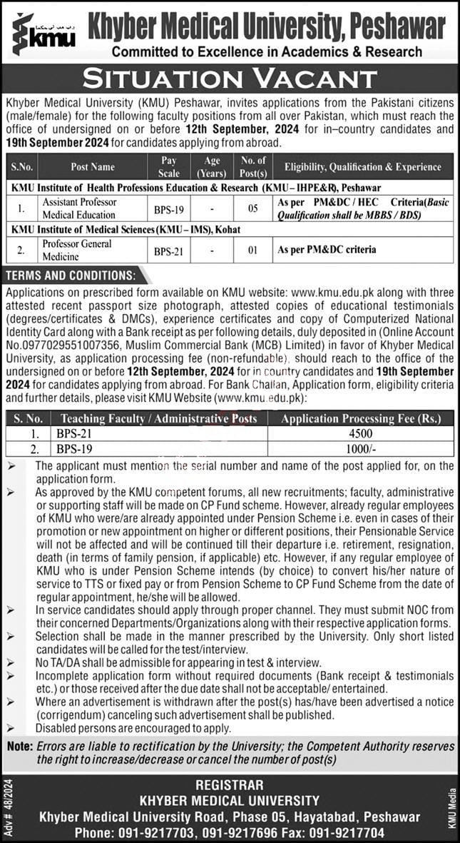 Khyber Medical University KMU Jobs 2024, Faculty Positions Peshawar