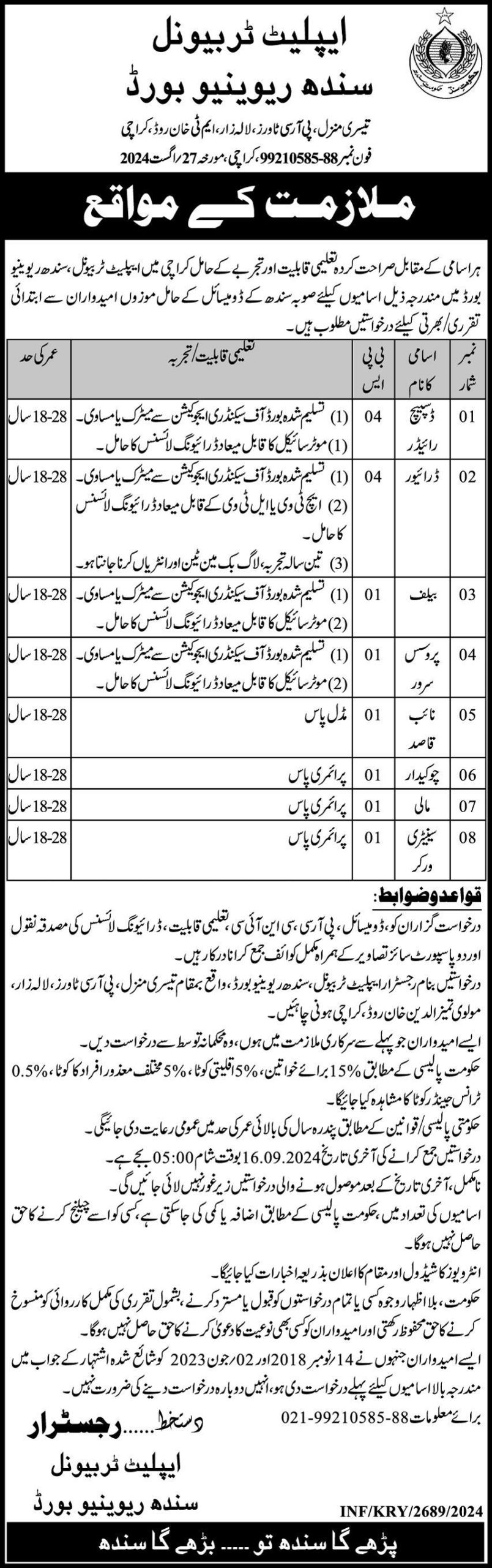 Sindh Revenue Board (SRB) Karachi Jobs 2024 