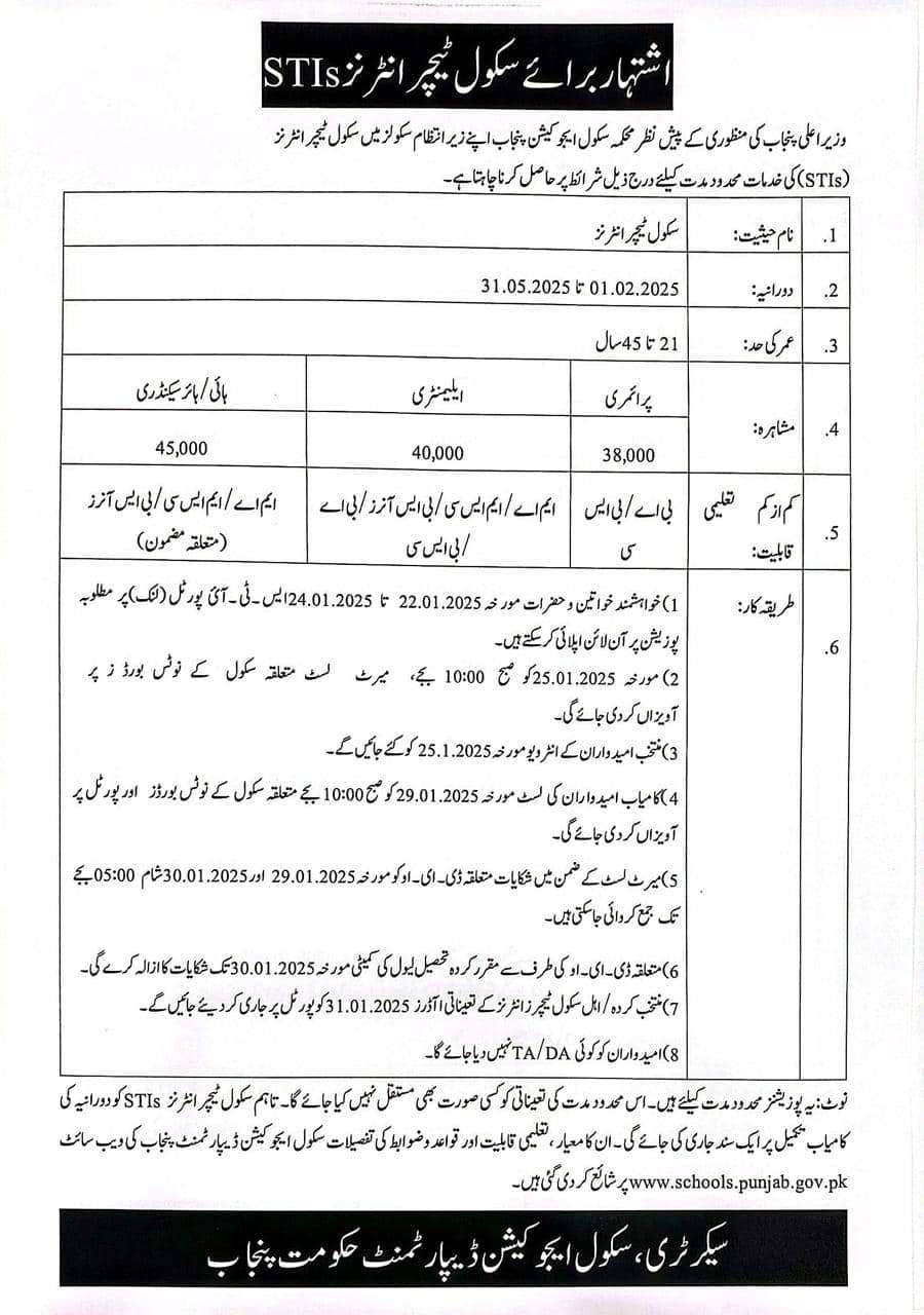 Punjab Teaching Interns (STIs) 2025 job advertisement