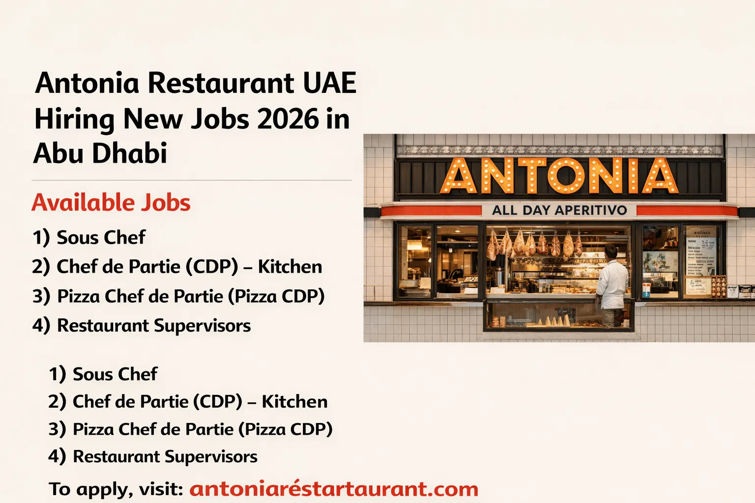 Antonia Restaurant UAE Hiring New Jobs 2026 in Abu Dhabi